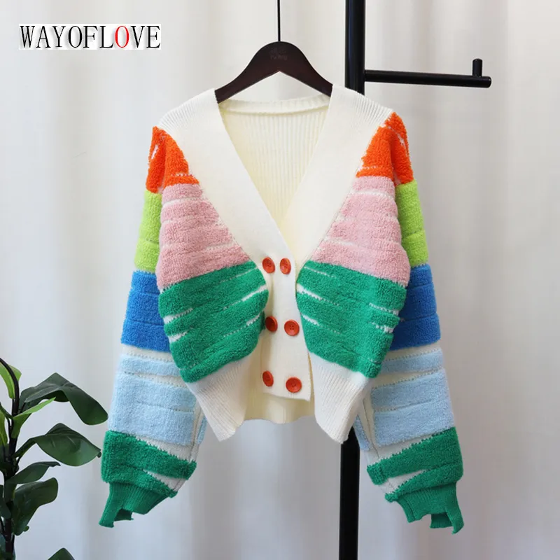 Swery Wayoflove swetra swetra jesienna zima kontrast vneck podwójny piersi luźno i leniwa flocking z dzianiny 230904