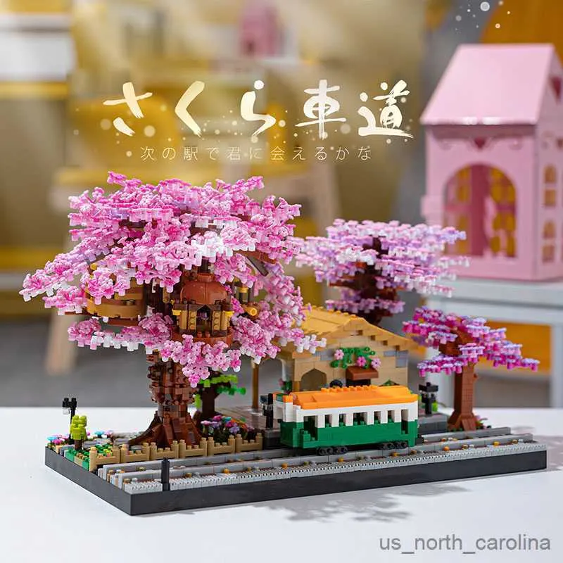 Blokken Sakura Huis Boom Treinen Bouwstenen Bloemen Stad Street View Micro Monteren Collectie Speelgoed Geschenk R230905