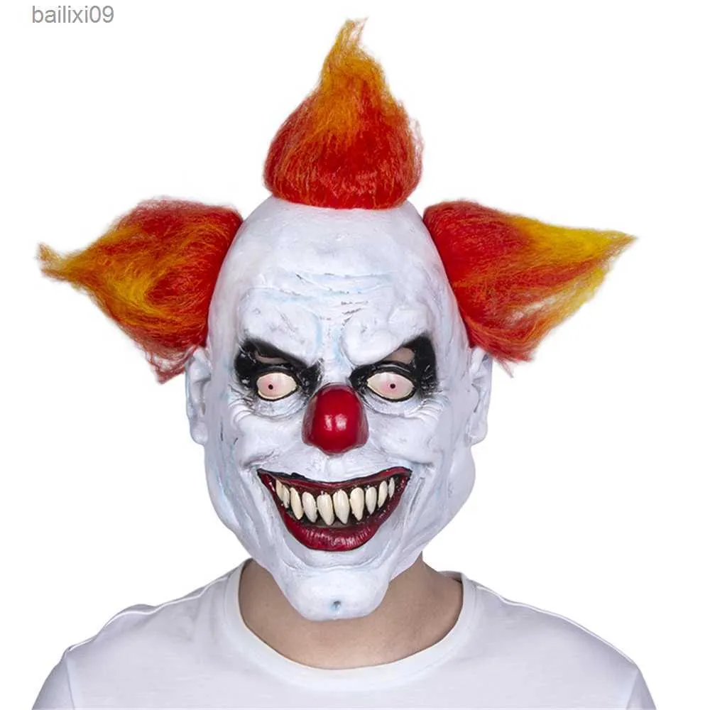 Masques de fête Halloween mal rire scie Clown adulte masque effrayant tueur Joker cheveux rouges Cosplay maison hantée accessoires T230905