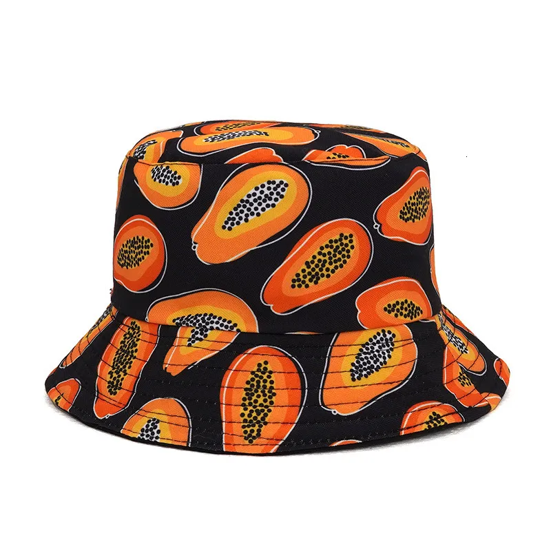 Fruit Papaya Cotton Print Wide Brim Patterned Bucket Hat For Women