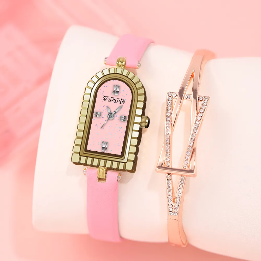 Zegarek na rękę mody swobodny zegarek dla kobiet różowy zegar skórzany pasek prosty w stylu małe wybierane kwarcowe bransoletka