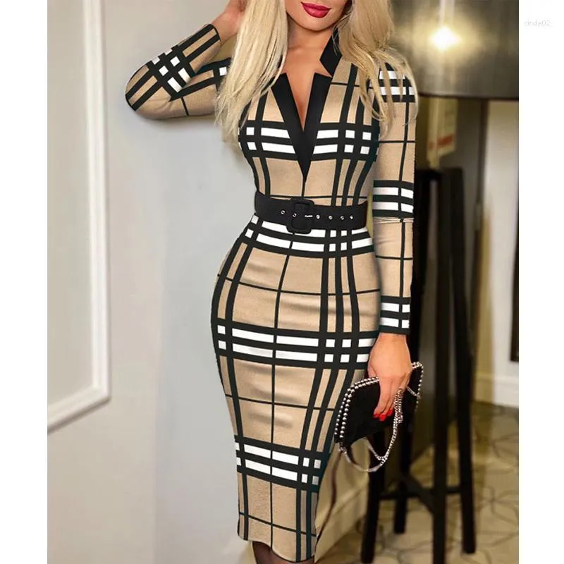 Casual Dresses Autumn Fashion Plaid Print Belted Slim Midi Dress Women Elegant Office Ladies V-neck Long Sleeved Vestidos