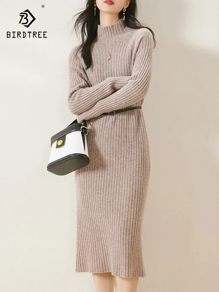 Grundläggande avslappnade klänningar Birdtree 100% ull Autumn Winter Solid Dress Simple Lazy Style Pending Pit Stripe Bottom Sticked With Belt D38028QC 230905