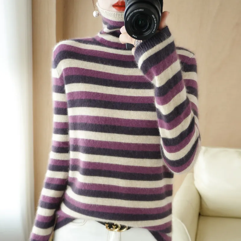 Mulheres suéteres outono inverno mulheres mistura de lã camisola pilha colar cor tira pulôver moda macia solta casual malha base top 230904