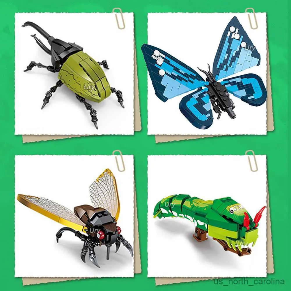 Blocks Animal Model Bee Butterfly Cricket Grasshopper Set Building Blocks Diy Children Puzzle Assemble Toys For Kid Gifts R230905