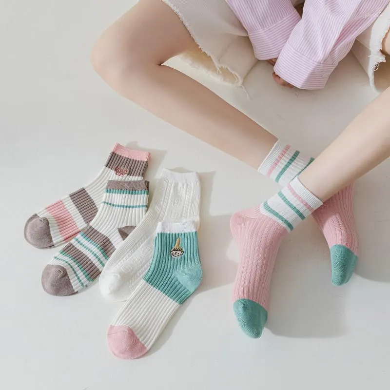 Frauen Socken Hohe Qualität Frühling Mode Candy Farbe Gestreiften Casual Stickerei Mittleren Rohr Socke Für Mädchen Baumwolle Sox 10 Pairs 2023