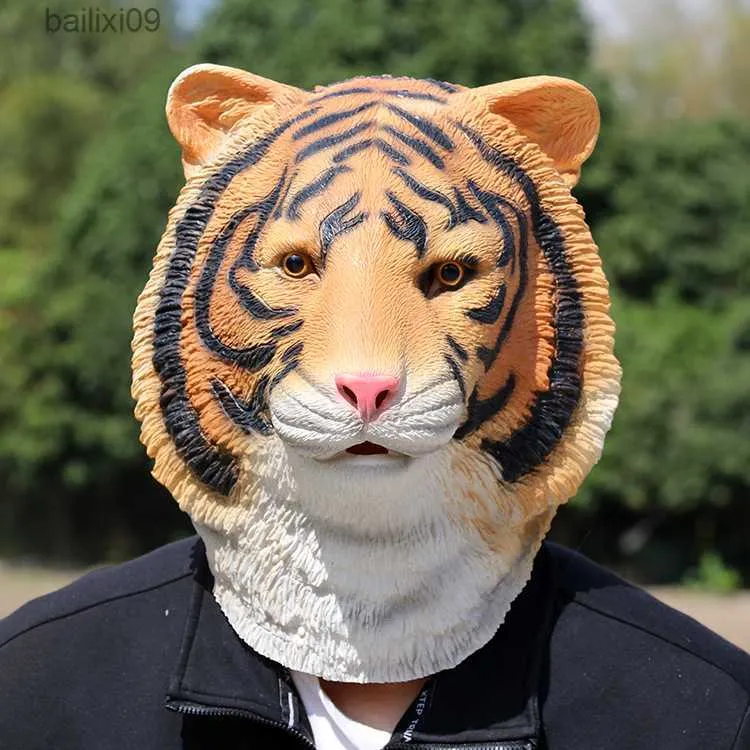 パーティーマスクティガーマスク動物ラテックスハロウィーンホラーコスゾディアックのタイガーの年は、ティックトックの小道具タイガーヘッドギアを演奏します。 T230905