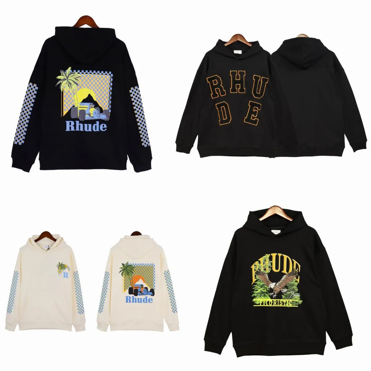 디자이너 브랜드 Rhude Hoodies Mens 인쇄 풀오버 승무원 긴 슬리브 까마귀 High Street Hap Treetwear Rhude Hoody 대형 탑.