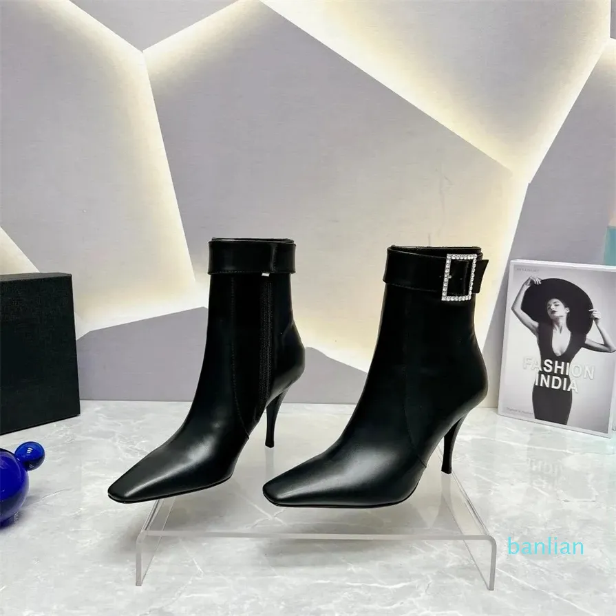 Stiefel mit Knöchelreißverschluss, quadratische Zehenpartie, Stiletto-Absatz, Stiefeletten mit Schnalle, polnische Sohle, Damen-Designer-Kleid, Abendschuhe