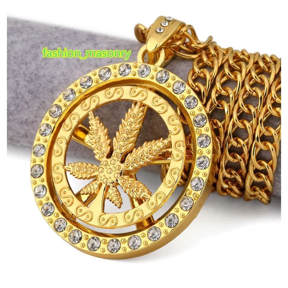 Hip Hop Necklace 18k Gold Plated Rotatable Leaf Maple Pendant Necklace CZ Crystal Cuba Chain Men Women Jewelry9416453