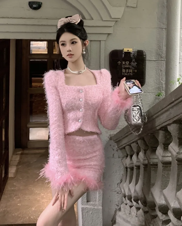 Save Big on Bulk Two Piece Short Skirt Set Tweed Mini Skirt Set: Women's  Short Sleeve Piece Suit Pink Fur Cuff Top, Slim Fit Autumn Dress Best 