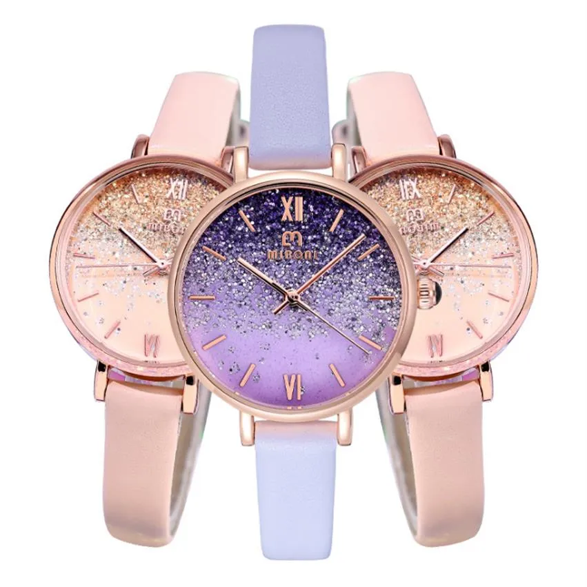 Mode Elegant 2021 Starry Sky Miboni Quartz Titta på kvinnlig Amethyst Purple Students Watches Mineral Armerad Glass Beautiful WOM300O