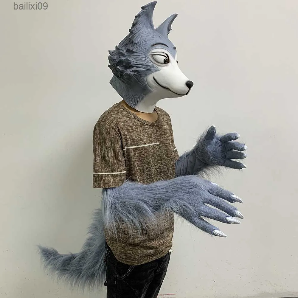 Masques de fête Anime BEASTARS Legosi Cosplay Gant Masque Queue Latex Adulte Animal Costume Accessoires Loup Griffes T230905