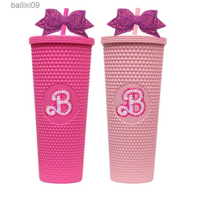 Tumblers Rhinestone B Tumbler com Palha Glitter Bow Inspirado Rosa Barb Studded Tumbler BPA Garrafa de Água Livre Copos Reutilizáveis Presentes para Ela T230905