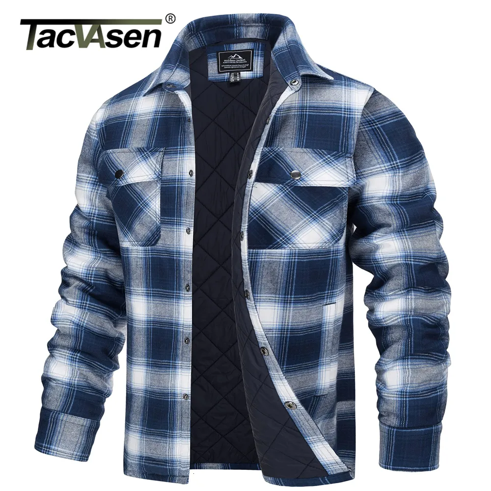 Jaquetas masculinas Tacvasen inverno xadrez jaquetas de algodão mens manga longa acolchoada camisa de flanela jaqueta multi-bolsos outwear caminhadas casacos tops 230904