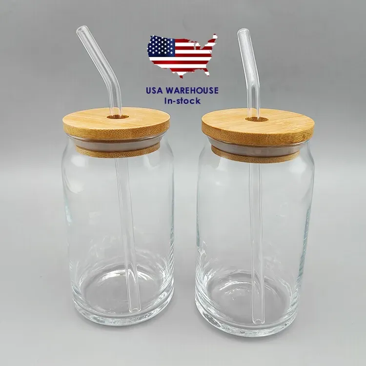 USA CA Warehouse 500 ml 16 Unzen klare transparente Libbey-Eiskaffee-Bierglasbecher in Dosenform mit Bambusdeckel und Glasstrohhalm sep05