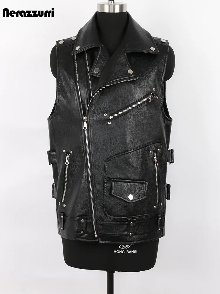 Men's Leather Faux Mauroicardi Autumn Black Motorcycle Pu Vest Men Zipper Pockets Plus Size Biker Sleeveless Jacket 4xl 5xl 230904