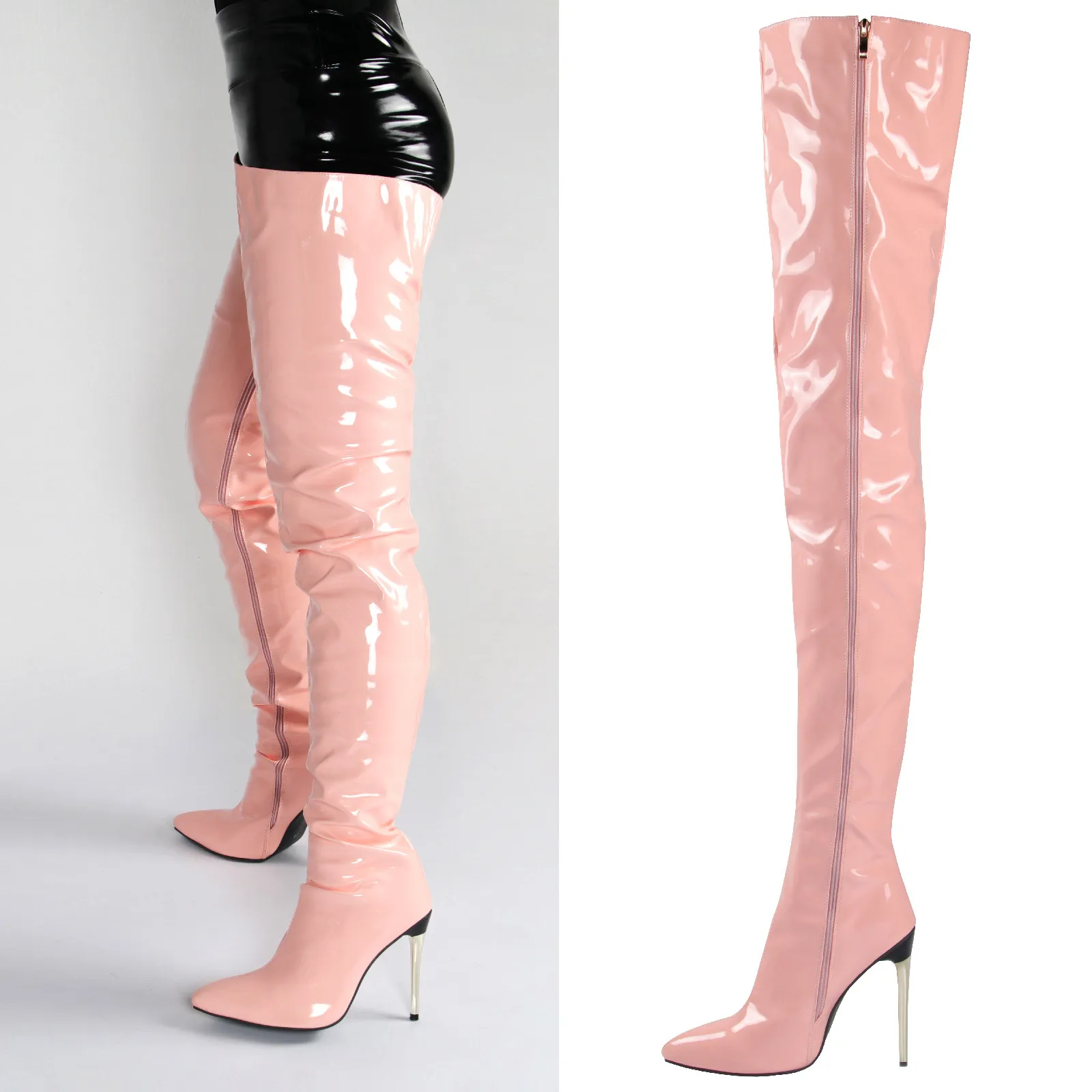 Mesdames Patent Cuir Over the Knee Boots High Heel Sexy Sexy High Boot Nouveau grand tailles Stiletto Bottes de femmes Botas Mujer pour filles Party Shoes 35-43