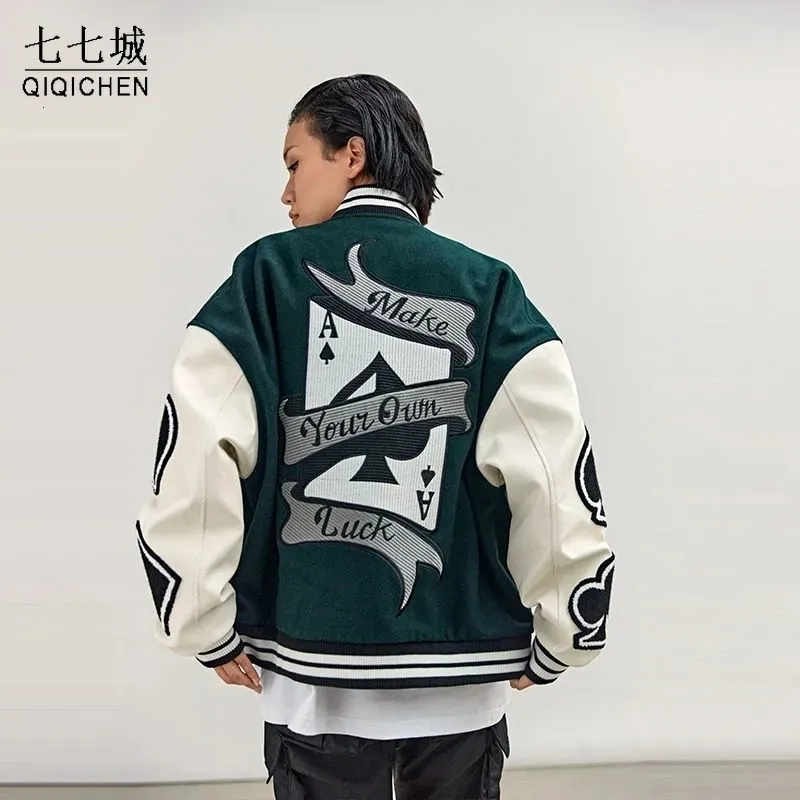 Vestes pour hommes Carte à jouer Broderie Varsity Veste Hommes Printemps Automne Hip Hop Streetwear College Baseball Vestes Harajuku Bomber Manteau Unisexe 230905