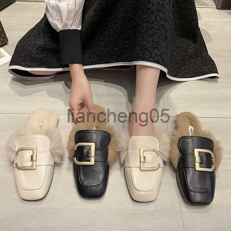 Slippers Flat Shoes Female Loafers Ladies' Slippers Cover Toe Mules For Women 2023 Fur Flip Flops Pantofle Plush New Slides Basic Rubber X0905