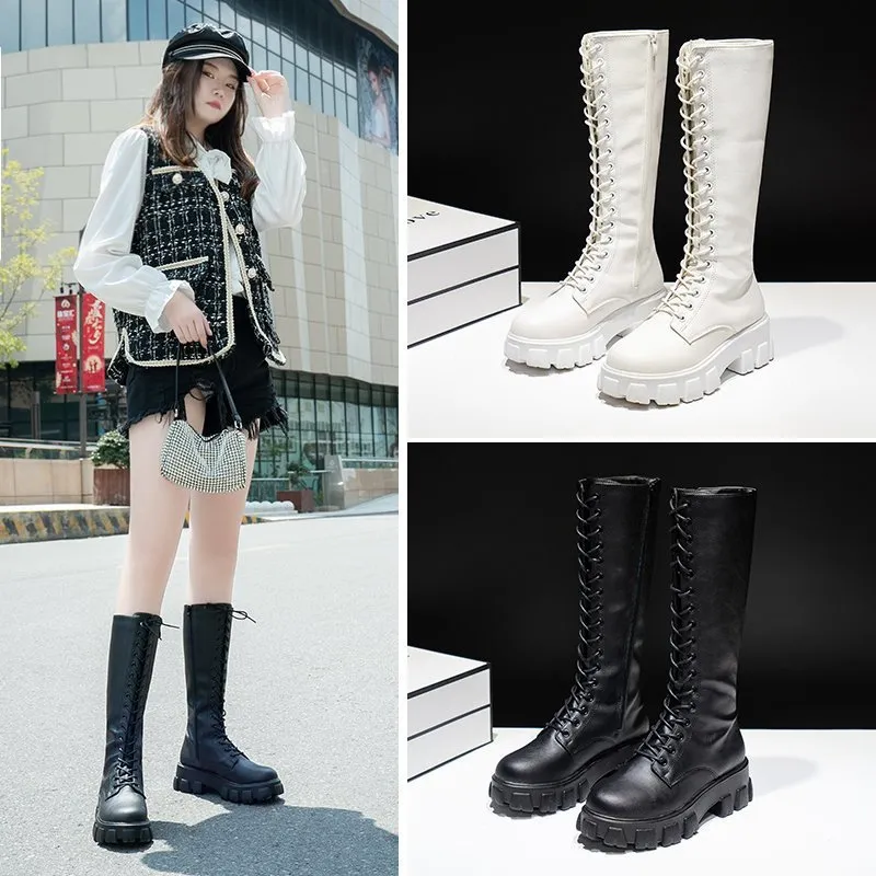 Chunky Plattform Punk Stiefel Frauen Dicke Untere Kniehohe Stiefel Frau Herbst Winter Mode PU Leder Motorrad Botas Mujer Für mädchen Party Schuhe Plus Größe