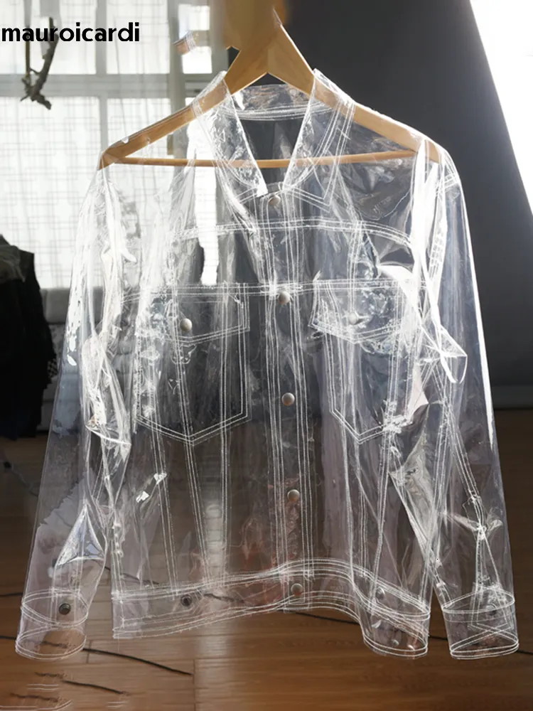 남자 가죽 가짜 mauroicardi 스프링 가을 가을 투명한 얇은 빛 반짝이는 재킷 남자 고급 디자이너 PVC 셔츠 활주로 패션 2023 230904