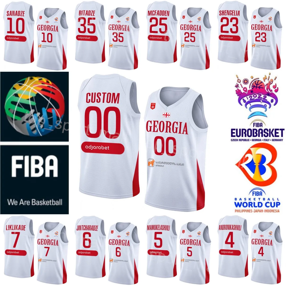 Tryckt Georgia Basketball 10 Duda Sanadze Jerseys 2023 VM 6 Kakhaber Jintcharadze 9 Giorgi Shermadini 8 Giorgi Tsintadze 7 Luka Liklikade National Team