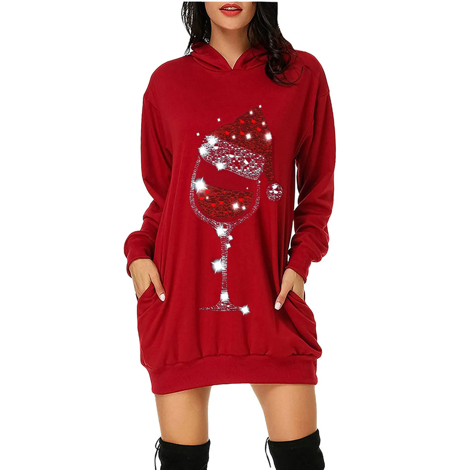 Thème Costume Robe de Noël Femmes Grande Taille Robes À Manches Longues pour Femmes Fête De Vacances Casual À Capuche Mini Robe Pull Robes de Fiesta 230904