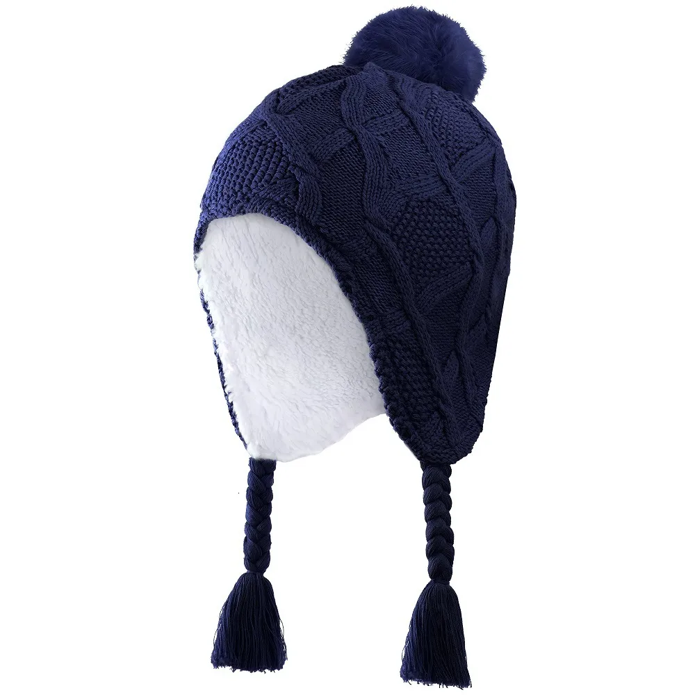 BeanieSkull Caps Connectyle Criança Meninos Meninas Bonito Algodão Chapéu de Inverno Macio Sherpa Forrado Knit Kids Chapéus com Earflap Cable Beanie Cap com PomPom 230904