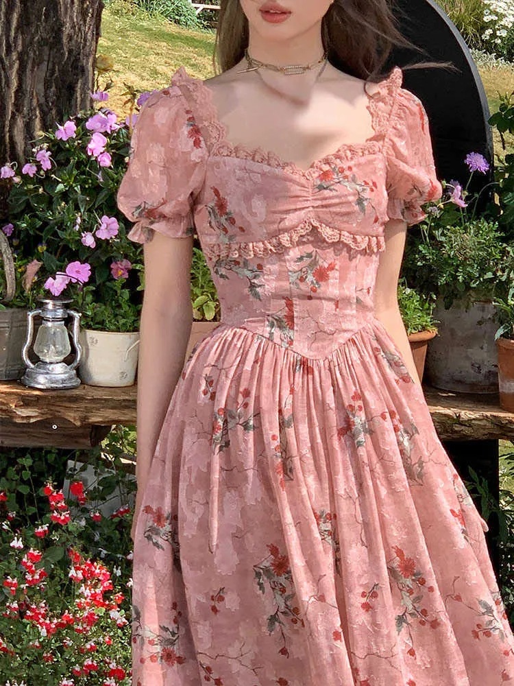 Summer Print Floral France Vintage Dres Puff Sleeve Evening Party Midi Dress Female Lace Elegant Sweet Fairy 230808