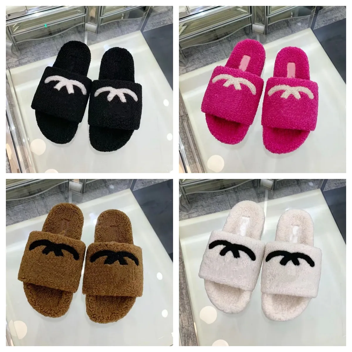 Designer päls fluffiga tofflor kvinnor lurviga tofflor plysch luxurys sandaler damer skjutreglage klassiska svart vitrosa berömda märke sandal loafers päls glider storlek 35-41