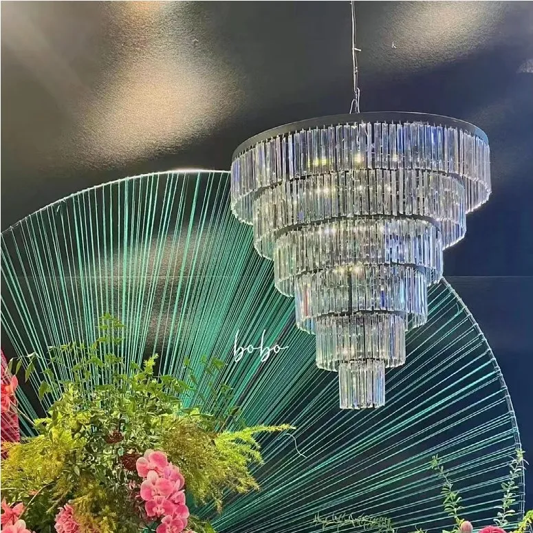 6 Tiers Event Decoration Layers Large Crystal Modern Hanging Round LED Chandelier Pendant Light For High Tak Wedding Decorations