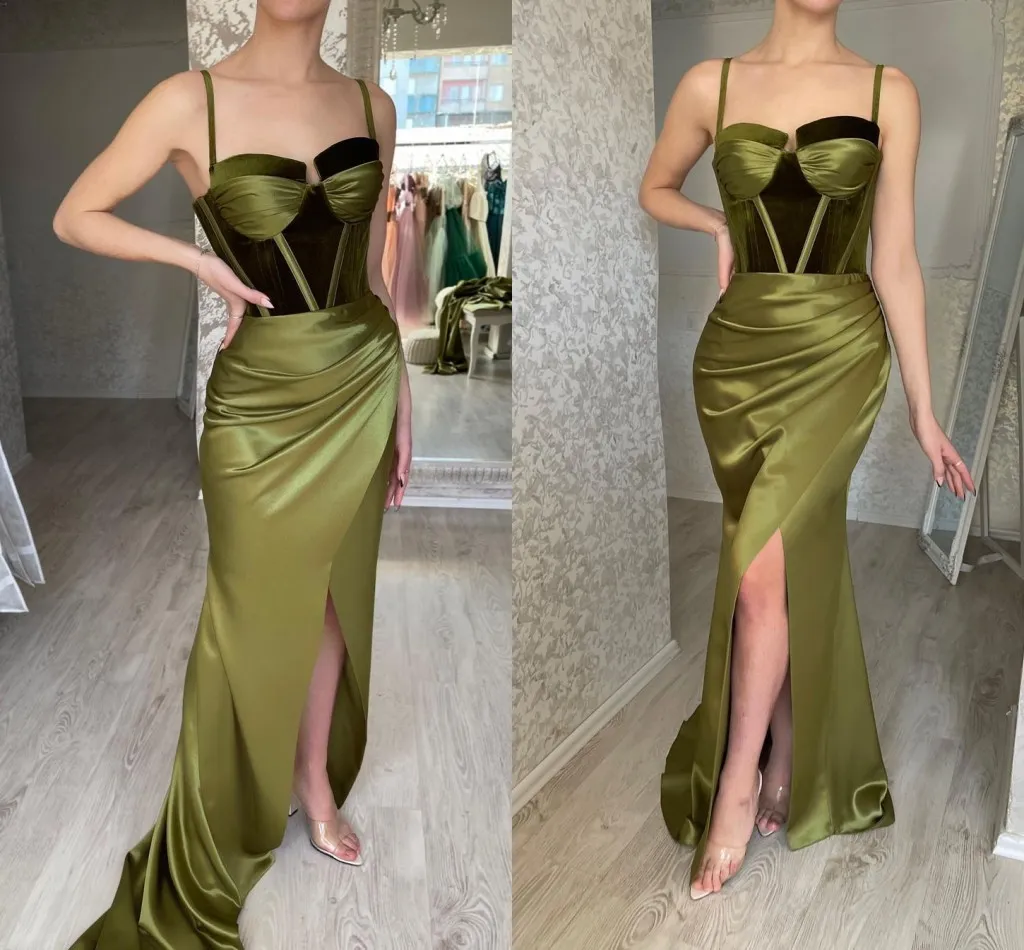 Robes de bal sexy vert olive gaine sirène pour femmes bretelles spaghetti drapées robe de soirée fendue sur le côté haut vêtements de cérémonie robes de soirée d'anniversaire de célébrité