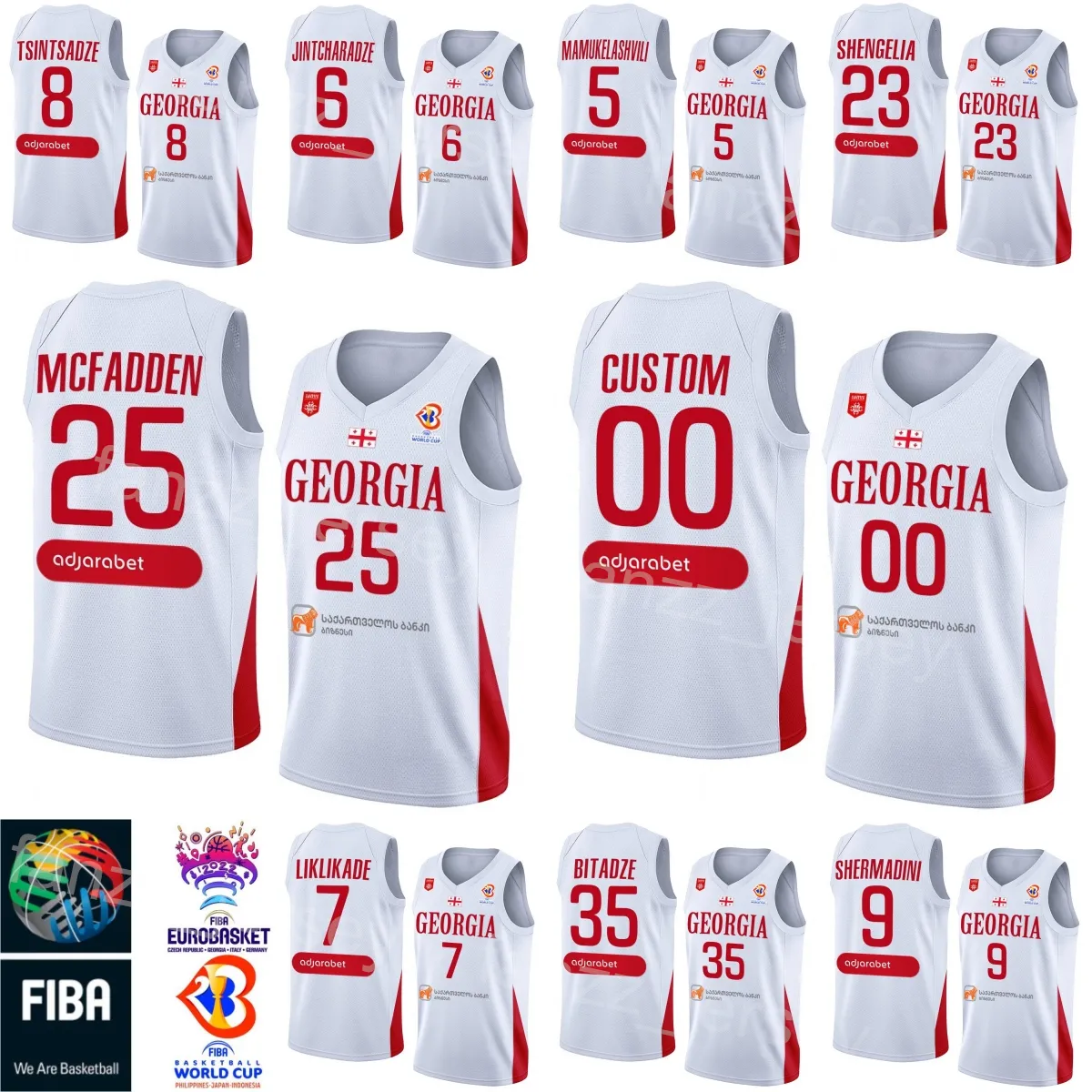 Impresso Copa do Mundo de 2023 Geórgia Basquete 25 Thaddus McFadden Jerseys 23 Shengelia 5 Mamukelashvili 4 Rati Andronikashvili 35 Goga Bitadze Seleção Nacional Branco