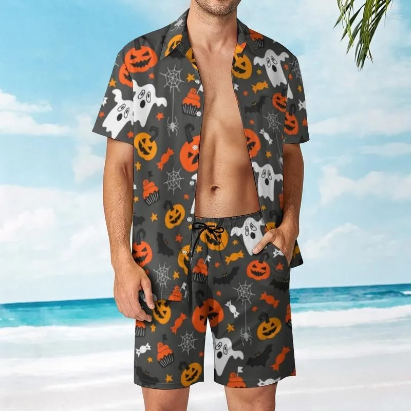 Herrspårar Hawaiian 3D Printing Pumpkin Ghost Short Sleeve Fashion Shirt Shorts Beach High Quality Two Piece Set