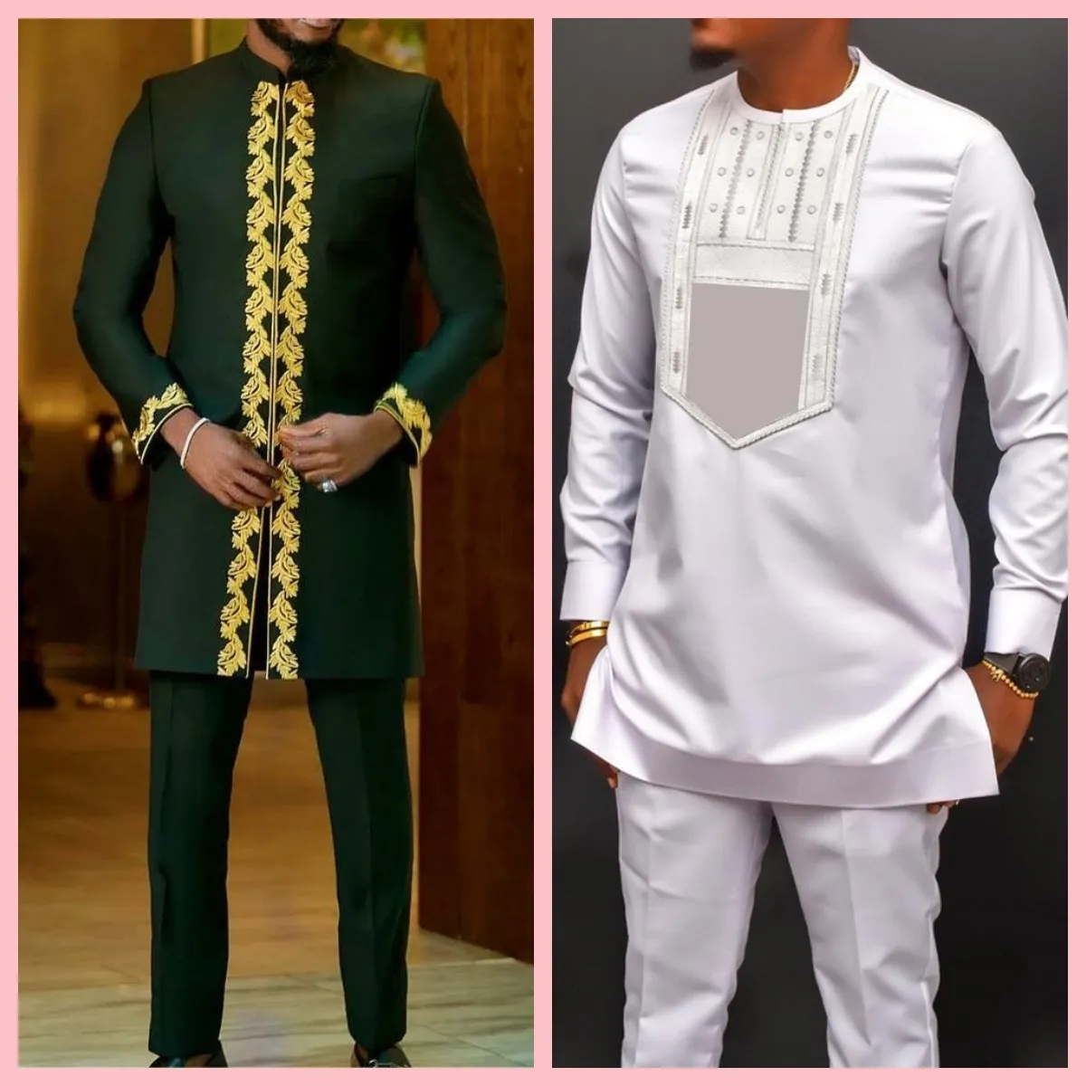 Fatos masculinos terno masculino top calças 2 peças conjunto cor sólida em torno do pescoço bordado manga longa terno casamento estilo étnico africano 230904