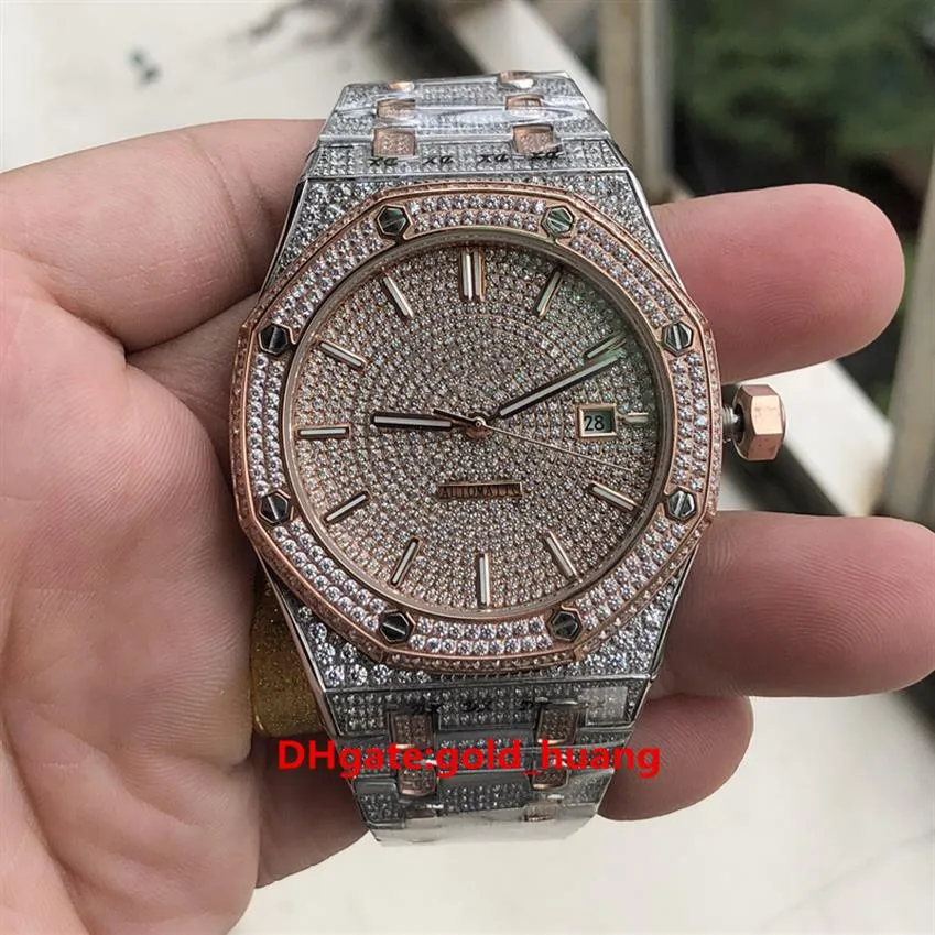 Top quality 42MM full diamonds Hip Hop Wristwatch Ice Diamond Watch two tone silver rose gold Stainless Steel Case Automatic Watch245f