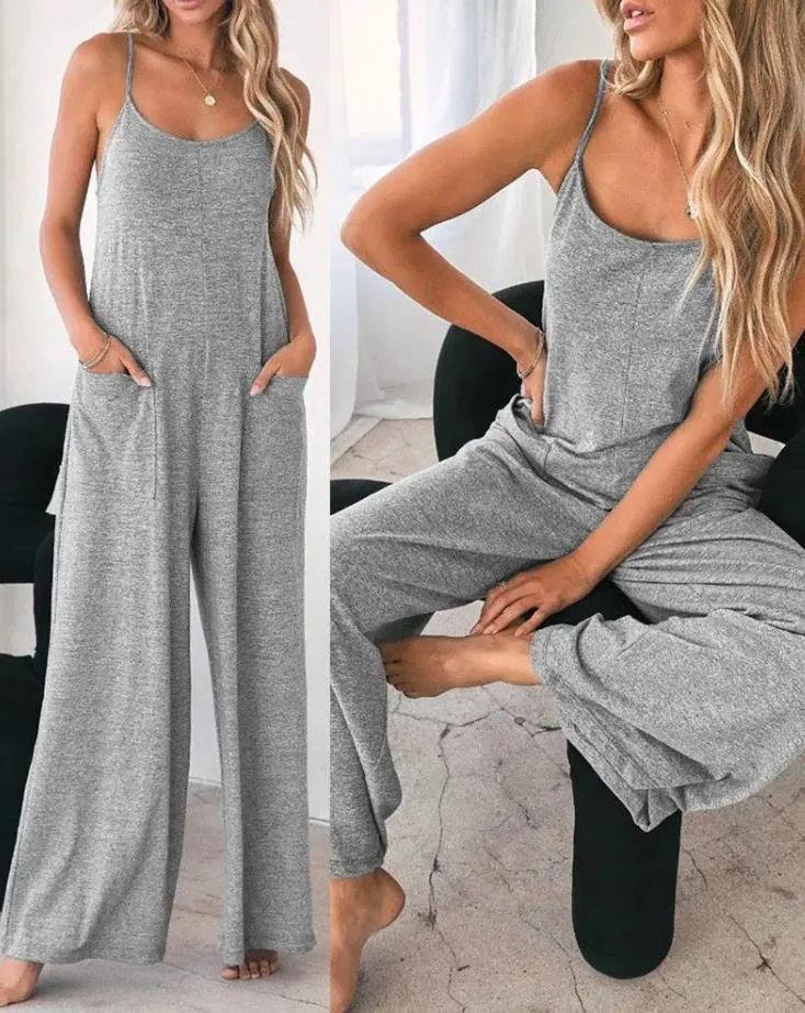 Womens Two Piece Pants Jumpsuit For Women Fashion Grey Pocket Design Casual Home Daily Loose Spring Summer Female Wide Leg 230904
