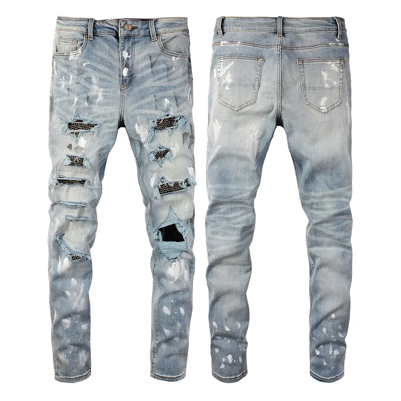 Save Big on Bulk Men's Stretch Rhinestone Patch Ripped Slim Fit Denim Jeans  Casual Trousers Big Size 28 40 2024 Spring Autumn 6626 Blue Best Deals