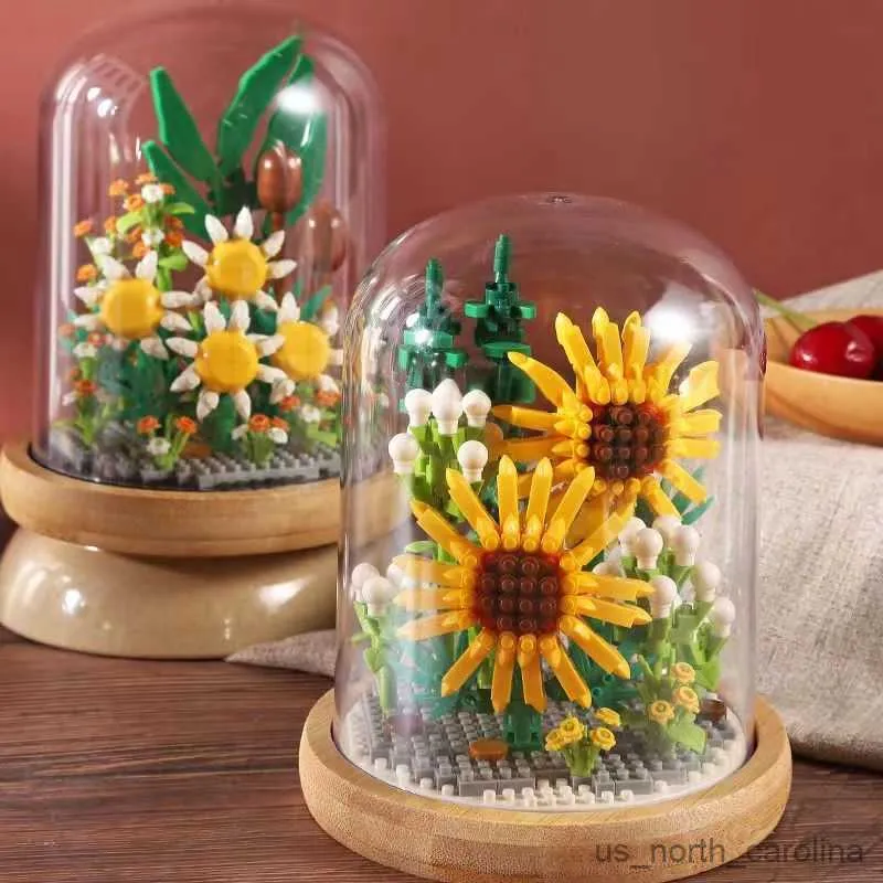 Blocs Tournesol en verre Cove Dome Rose Bouquet Blocs de construction DIY Fleurs artificielles pour Noël Cadeaux de la Saint-Valentin R230905