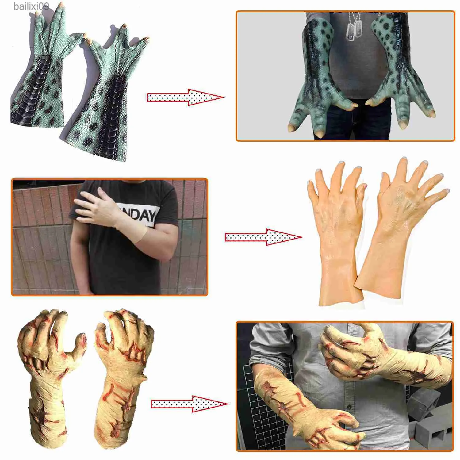 Masques de fête Zombie Gants pourris mains Gants en latex et mains Gants Halloween Maison hantée Costume de monstre T230905