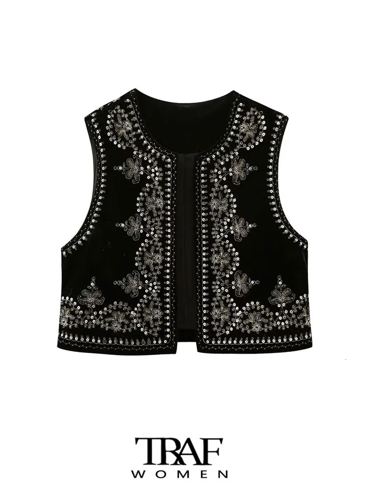 Damesvesten TRAF Damesmode met paillettenborduurwerk Fluwelen open gilet Vintage O-hals Mouwloos Dames Bovenkleding Chique Vest Tops 230904