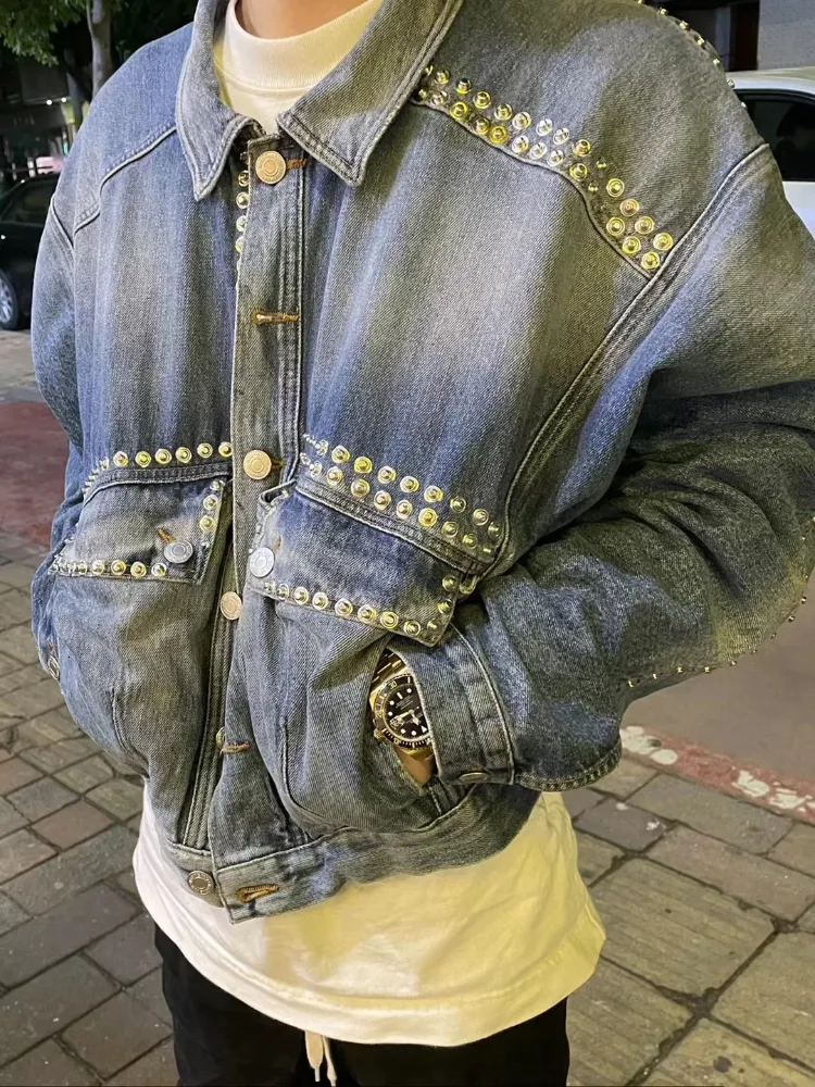Jaquetas masculinas Jaket kerah tua yang dicuci kuku Dedalu pria jaket Denim kasual populer pemuda versi longgar 230904