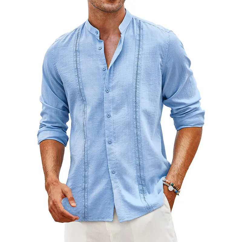 Fatos masculinos Cuban Guayabera Camisas Linho Casual Manga Longa Botão Camisa Camisa Colarinho Verão Praia Tops 230906