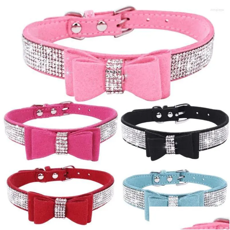 Dog Collars Leashes Pet Rhinestones Bow Knot Collar Cat Bling Soft Cute Tie Pu Leather Supplies 1207 Drop Delivery Home Garden Dhkuo