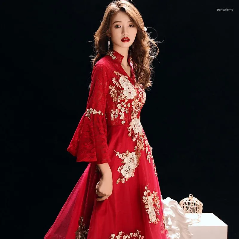 Ethnic Clothing Embroidery Chinese Oriental Wedding Female Noble Cheongsam Vintage Evening Dress Elegant Modern Celebrity Banquet Dresses