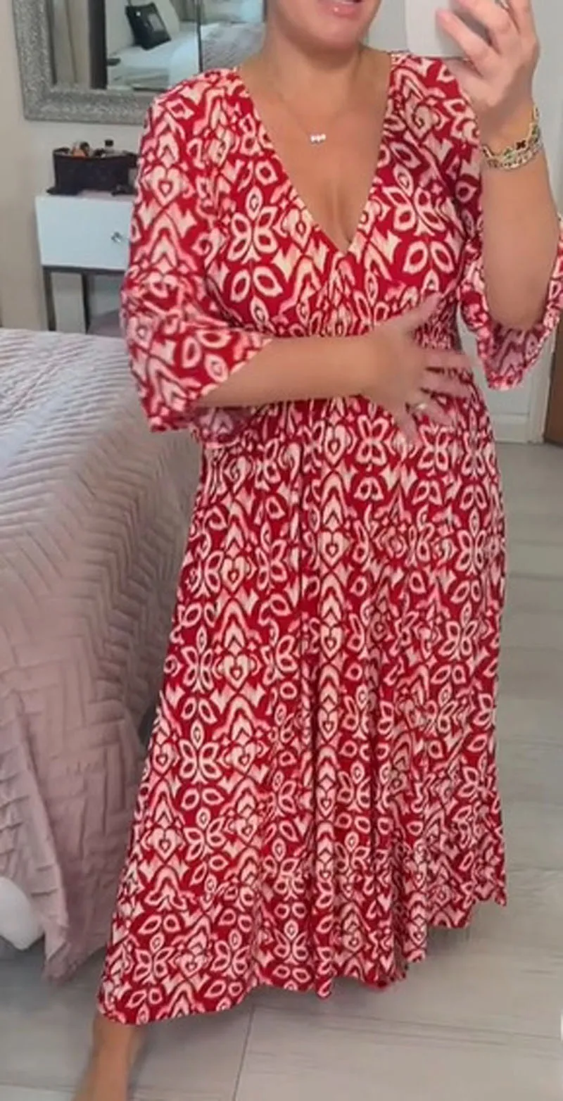 Robe florale tricotée à col en v, grande taille, Super féerique, haute élasticité, pour vacances à la plage, jupe longue ample, automne 2023, 2309052