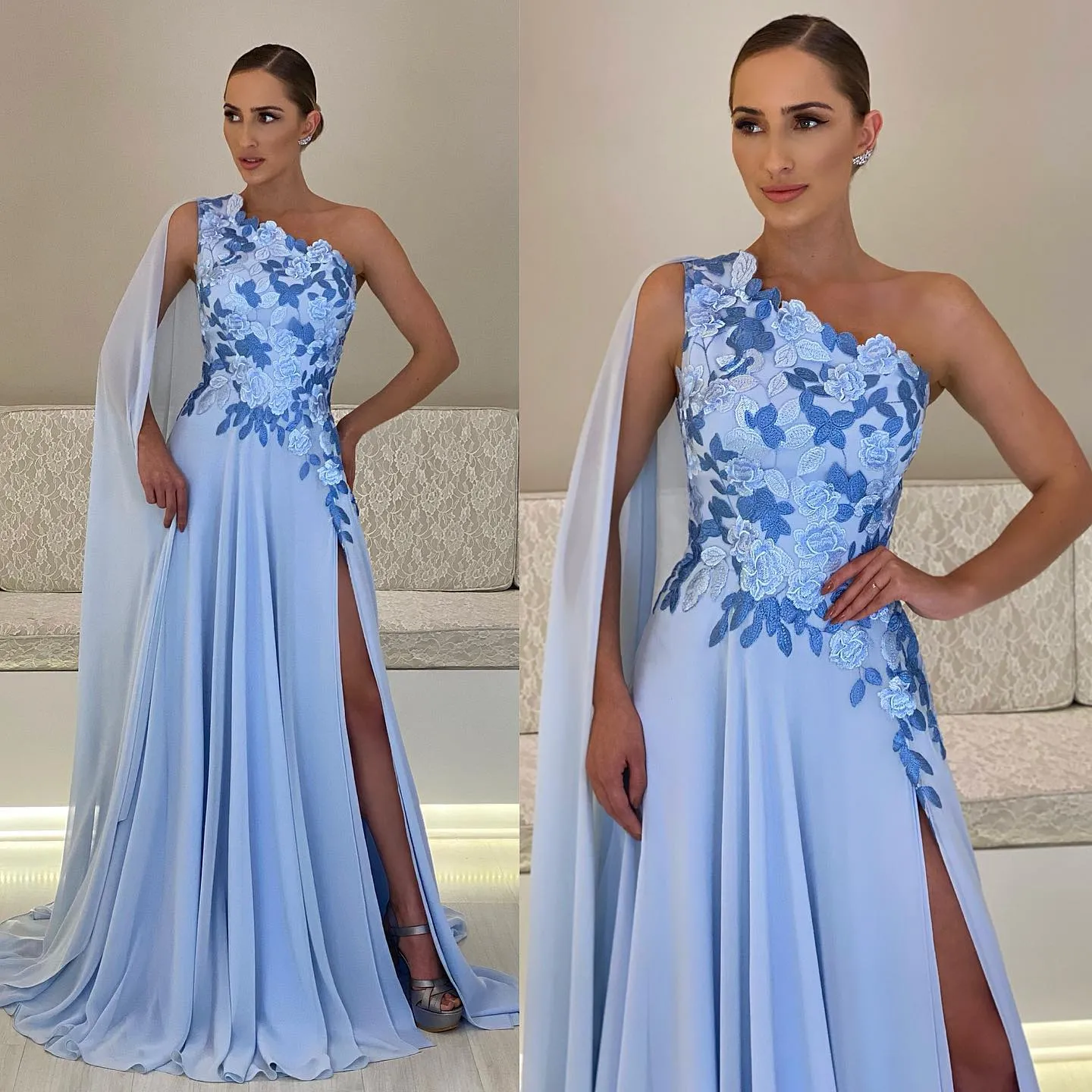 Abiti da ballo con spacco laterale azzurro cielo Abiti da sera a maniche lunghe con una linea Abito formale in chiffon con applicazioni monospalla