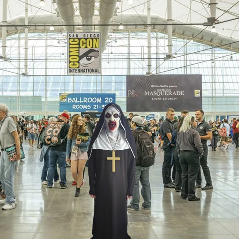 IRWOY Déguisement De Nonne D'Halloween, Tenue Effrayante De Nonne Avec Masque D'horreur The Nun, Collier Croix, Costume De Prêtre D'Halloween Noir Pour Adultes - Déguisement Pour Fêtes Déguisées