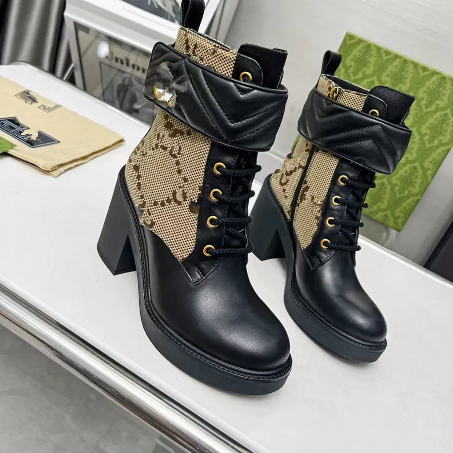 Dames Laarzen Designer Hoge Hakken Enkellaars Echte schoenen Mode Winter Herfst Martin Cowboy Leer gewatteerd Veterschoen Winterschoen Rubberen profielzool KIUYT00005